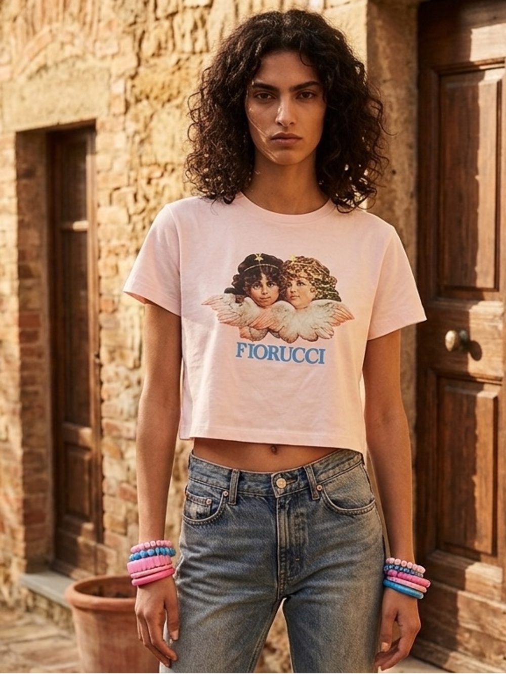 Fiorucci Pink Tee with Blue Logo and Cherub Graphic